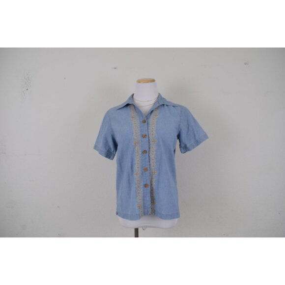 Vintage 90s Blue Embroidered Button Down Blouse - Picture 2 of 8